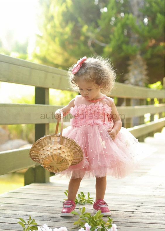 Floral Butterfly Pearl Embellished Flower Girl Dress